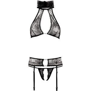 Abierta Fina –  Jarretel Set met  Tailleband en BH voor een Seksuele Open Uitnodiging – Maat XL - Zwart