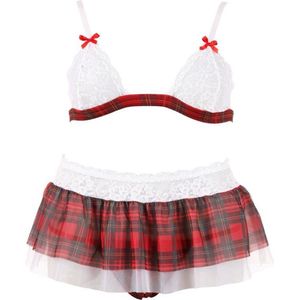 Cottelli Collection – Schoolmeisje Lingerie Set met Erotische Kenmerken en Open Kruis voor Ondeugende Dates – Maat M – Wit/Rood