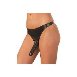 LateX – Latex String met Voorbind Dildo en Interne Vaginale Dildo voor Dubbel Genot - Strap on - One Size - Zwart