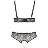 Cottelli Plus Size –  Lingerie Set van Kant Open Kruis en Borsten met Parelbanden – Maat 2XL – Zwart