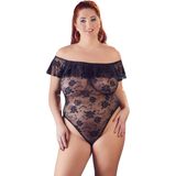 Cottelli Plus Size – Carmen Body met Ruches en Bloemen Motief in Spannend Transparant Netstof – Maat 2XL- Zwart