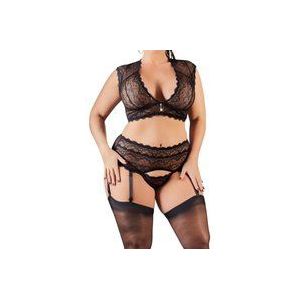 Cottelli Plus Size –  Jarretel Lingerie Set met Strass Element en Prachtige Kanten Borduursels – Maat 4XL – Zwart