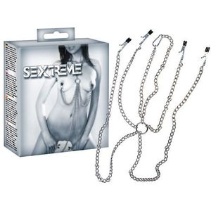 Sextreme – Metalen Schakel Harnas met 4 Klemmen voor Tepels en Schaamlippen  – Zilver