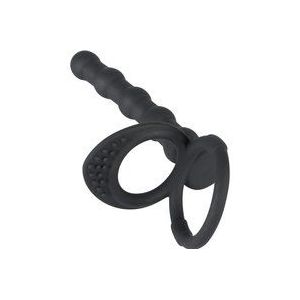 Black Velvets – Siliconen Cock en Ball Ring met Stevige Anale Kralen voor Dubbele Penetratie – 19 cm – Zwart