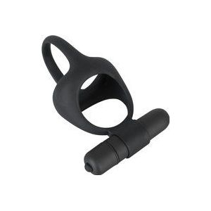 Black Velvets – Penis Ring met Scrotum Spreider en Mini Vibrator Voor Clitoris Stimulatie Tijdens Liefdesspel – Zwart