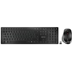 CHERRY DW 9500 SLIM, draadloos toetsenbord en muis, spaanse indeling (QWERTY), Bluetooth of radioverbinding, plat ontwerp, oplaadbaar, ergonomische rechtshandige muis, zwart-grijs