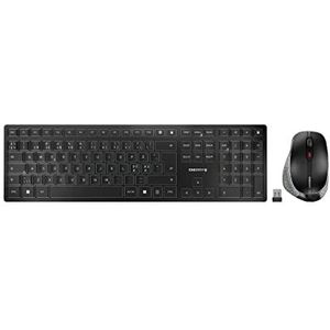 CHERRY DW 9500 SLIM, draadloos toetsenbord en muis, Pan-Noordse indeling (QWERTY), Bluetooth of radioverbinding, plat ontwerp, oplaadbaar, ergonomische rechtshandige muis, zwart-grijs