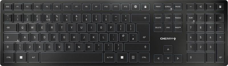 CHERRY KW 9100 SLIM, Kabellose Design-Tastatur, UK-Layout (QWERTY), Wahlweise Bluetooth oder 2,4 GHz Funk, Flache Tasten, Wiederaufladbar, Schwarz-Grau