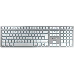 CHERRY KW 9100 SLIM FOR MAC, draadloos toetsenbord, Mac lay-out, Franse lay-out (AZERTY), Bluetooth of radioverbinding, oplaadbaar via USB-kabel, plat ontwerp, wit-zilver