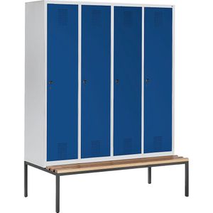 Garderobenspind Evolo S 3000, Stahl, Sitzbank, 4 Abteile mit jew. B 400 mm, Drehriegel, lichtgrau RAL 7035/enzianblau RAL 5010