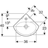 Hoekfontein geberit bastia 45x40 cm met kraangat met overloop glanzend wit