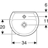 Fontein geberit bastia 40x33 cm rond met kraangat met asymetrische overloop glans wit