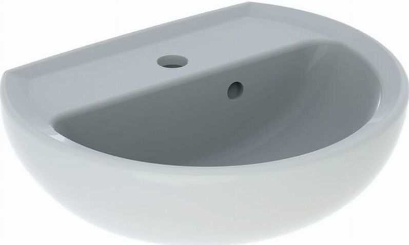 Fontein geberit bastia 40x33 cm rond met kraangat met asymetrische overloop glans wit