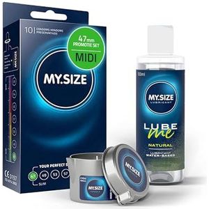 Voordeelverpakking MY.SIZE-condooms 47 mm, pak van 10 + MY.SIZE natuurlijk glijmiddel 100 ml + MY.SIZE-massagekaars