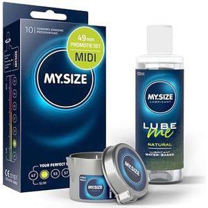 Voordeelverpakking MY.SIZE-condooms 49 mm, pak van 10 + MY.SIZE natuurlijk glijmiddel 100 ml + MY.SIZE-massagekaars