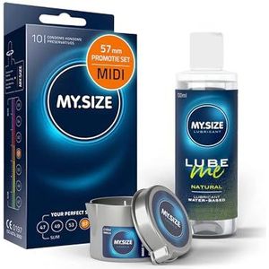 Voordeelverpakking MY.SIZE-condooms 57 mm, pak van 10 + MY.SIZE natuurlijk glijmiddel 100 ml + MY.SIZE-massagekaars