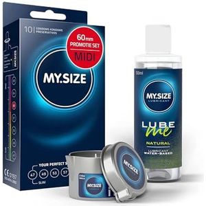 Voordeelverpakking MY.SIZE-condooms 60 mm, pak van 10 + MY.SIZE natuurlijk glijmiddel 100 ml + MY.SIZE-massagekaars
