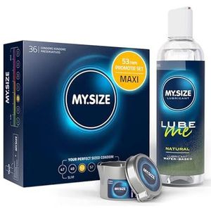 Voordeelverpakking MY.SIZE-condooms 53 mm, pak van 36 + MY.SIZE natuurlijk glijmiddel 250 ml + MY.SIZE-massagekaars