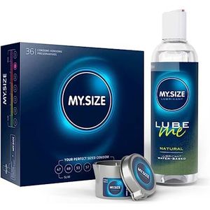 Voordeelverpakking MY.SIZE-condooms 64 mm, pak van 36 + MY.SIZE natuurlijk glijmiddel 250 ml + MY.SIZE-massagekaars
