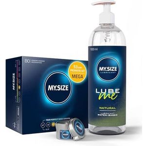 Voordeelverpakking MY.SIZE-condooms 53 mm, pak van 80 + MY.SIZE natuurlijk glijmiddel 1000 ml + MY.SIZE-massagekaars