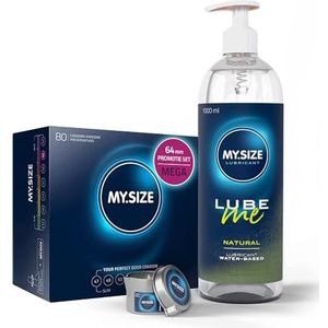Voordeelverpakking MY.SIZE-condooms 64 mm, pak van 80 + MY.SIZE natuurlijk glijmiddel 1000 ml + MY.SIZE-massagekaars