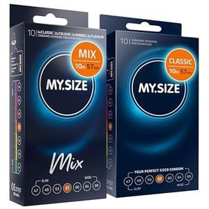 MY.SIZE Mix SET Maat 4, 57 mm: 10 Classic Condooms + 10 Condooms in 4 spannende soorten, Condooms met aroma, kleur, genopt & Classic