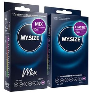 MY.SIZE Mix set maat 7, 69 mm: 10 Classic condooms + 10 condooms in 4 spannende soorten, condooms met aroma, kleur, noppen & Classic