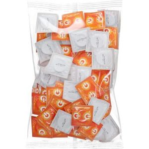 ON) Condooms stimulatie, 54 mm breed, verpakking van 50 stuks, premium condooms genopt, met siliconen glijmiddel, dunne 0,07 mm wanddikte, veganistisch, condooms voor mannen