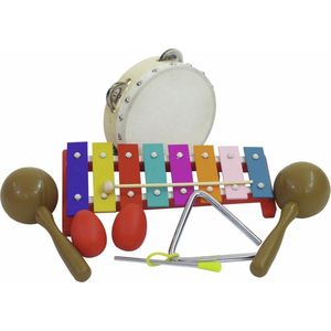 DIMAVERY instrumenten voor kinderen - 7 delig - instrumenten speelgoed - xylofoon - tamboerijn - triangel - 2x sambaballen - schud eieren - hout