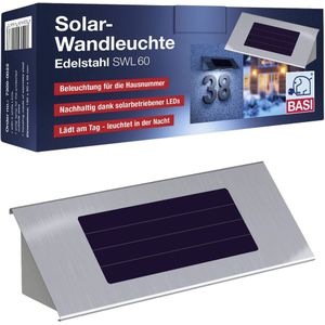 BASI Außen-Wandleuchte Hausnummernleuchte aus Edelstahl, solarbetrieben, Wandleuchte / Nachtleuchte für Hausnummern, 4 LED's, B185XH60XT50mm