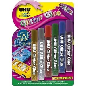 UHU Originele glitterlijm – ideaal voor knutselen, kindvriendelijke formule, wasbaar, meerkleurig, 6 tubes 10 ml