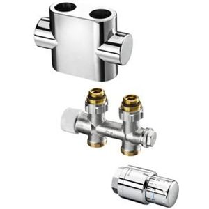 OVENTROP Set mit Multiblock T Durchgang und Uni SH für Heizkörperanschluss G 1/2 IG, mit Hahnblock Multiblock T, Designabdeckung, Thermostat Uni SH und SH-Cap, Edelstahl, 1184383