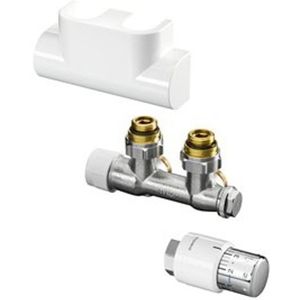 OVENTROP Set mit Multiblock T Eck und Uni SH für Heizkörperanschluss G 1/2 IG, mit Hahnblock Multiblock T, Designabdeckung, Thermostat Uni SH und SH-Cap, Edelstahl, 1184384