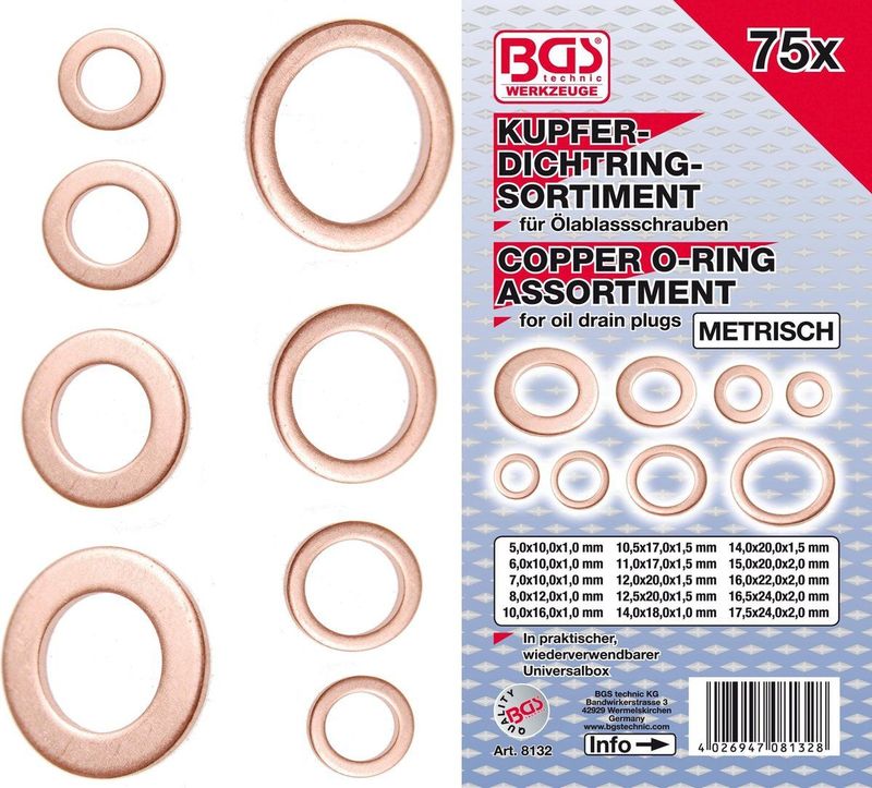 BGS Dichtring-Sortiment Kupfer metrisch für Öl-Ablassschrauben 75tlg. - 8132