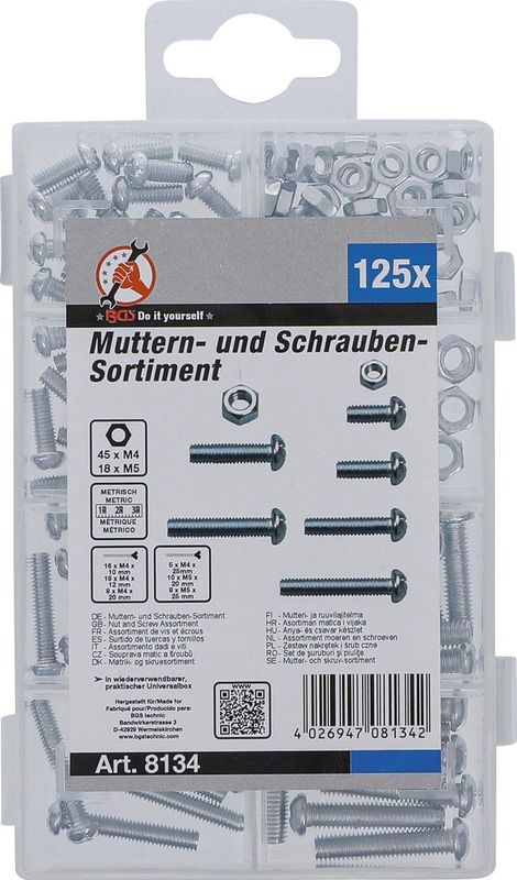 BGS TECHNIC Muttern- und Schrauben-Sortiment 8134, metrisch, M4 / M5, 125-tlg.