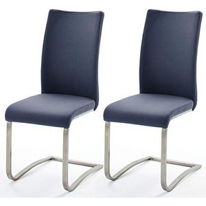 Robas Lund Eetkamerstoel, leer, blauw, set van 2, belastbaar tot 130 kg, schommelstoel met rundleer, frame van roestvrij staal, comfortabele zithoogte