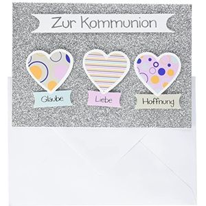 Perleberg communiekaart 11,6 x 16,6 cm – hoogwaardige wenskaart voor communie in glimmer-motief met 3 harten – communiekaart jongens – ideaal voor geschenken van zilver 7120022-2 – grijs