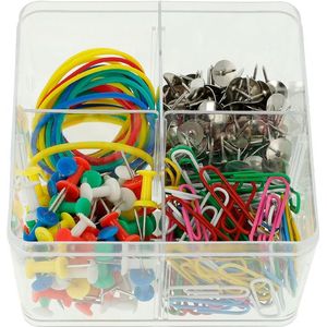 Westcott E-10580 Multifunctionele opbergdoos 390 stuks, paperclips, rubberen wandpunaises, meerkleurig transparant