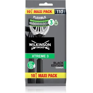 Wilkinson Sword Xtreme 3 Black Edition Wegwerpscheerapparaat, verpakking van 10 stuks, 3 messen met flexibele kop, flexibele comfort-technologie, volledige scheerbescherming