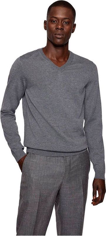 BOSS - Gebreide Trui - V-hals - Zwart - 100% Scheerwol