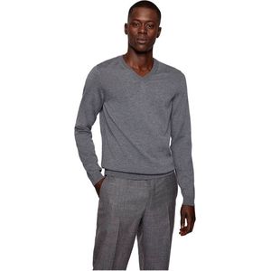 BOSS - Gebreide Trui - Blauw - 100% Scheerwol - V-hals