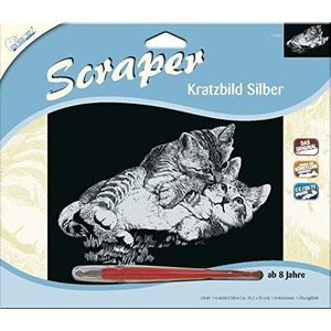 Mamut 137005 Krasafbeelding, kattenmotief, zilver, glanzend, dwars, complete set met krabmes en oefenblad, schraper, kras, krabbel, voor kinderen vanaf 8 jaar