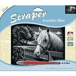 MAMMUT 137007 Krabafbeelding paard, zilver, glanzend, dwars, complete set met krabmes en oefenblad, schraper, kras, krabbel, krasset voor kinderen vanaf 8 jaar