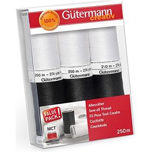 Getermann Gutermann Creativ Allesnaaigaren - Set van 6 spoelen van 250 m, 100% polyester, Hand- en machinaal naaien, Universeel, Zwart & Wit