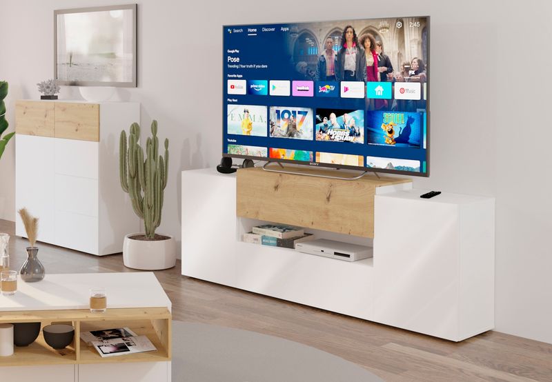 FMD TV-Schrank 182x33x70,2 cm Weiß und Artisan-Eiche