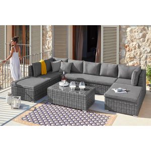 KONIFERA Gartenlounge-Set "New York", (21 tlg., 1x 3er AZ-Sofa, 1x Ecke, 1x Sessel, 1x Ottomane mit Staufach, 1x Tisch), Tisch 110x65 cm, Aluminium,Polyrattan,individuell stellbar,10 Personen
