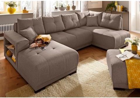 Home affaire Wohnlandschaft "Viborg U-Form", mit Regal in der Armlehne, wahlweise mit Bettfunktion