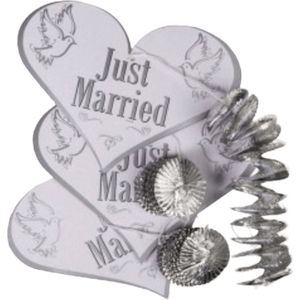 Bruiloft/huwelijkse versiering zilveren spiraal met papieren hart “Just married” – 3 stuks
