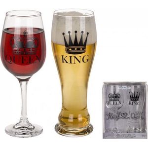 King Bierglas Queen Wijnglas Set van 2 100% glas, inhoud 600 & 430 ml. 2-delig, in PVC-box.