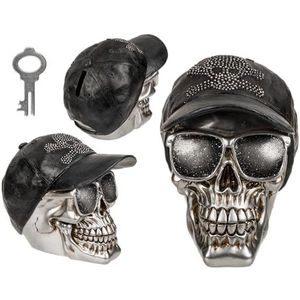 Spaarpot van polyresin zilver met slot, doodskop met dop, ca. 16 x 13 cm